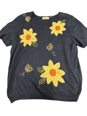 Alfred Dunner Womens Navy Embroidered Floral Butterfly Short Sleeve Sweater XL